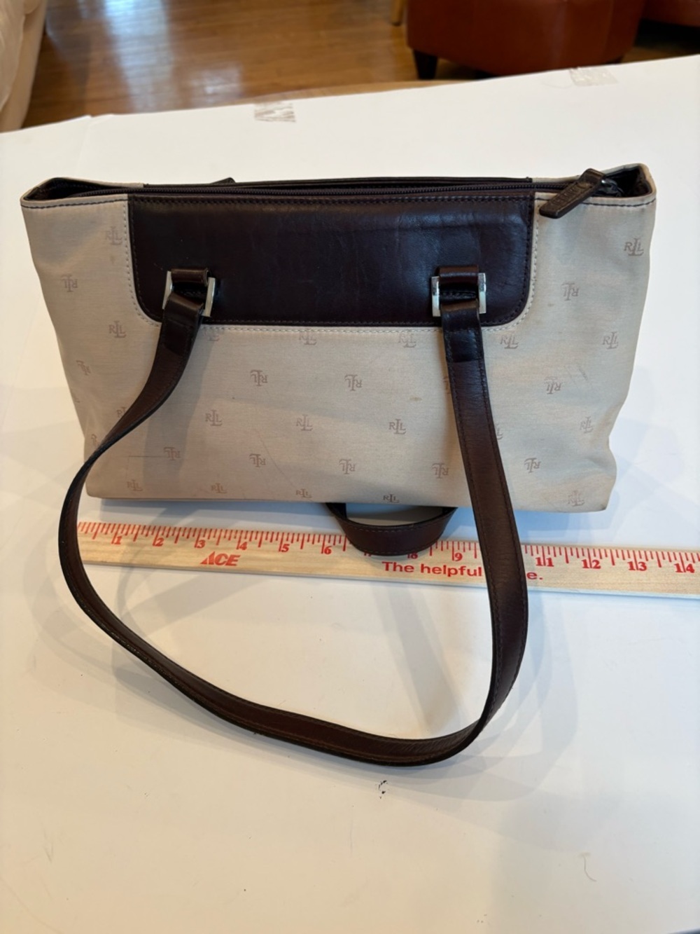 Ralph Lauren Cream Canvas Tote with Brown Leather Trim/inside is excellent - Picture 3 of 12